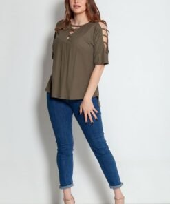 Μπλούζα Μακό Με Ρέλια Στο Στήθος Και Στα Μανίκια Χακί