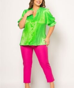 Μπλούζα Animal Satin V Με Χρυσά Κουμπιά Lime Green