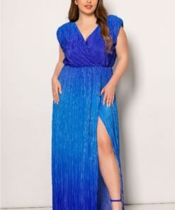 Φόρεμα Ombre Maxi Πλισέ Αμάνικο Με Κρουαζέ Λαιμόκοψη Ρουά