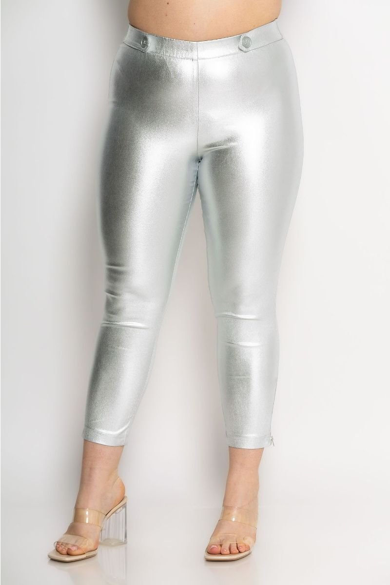 Παντελόνι Ελαστικό Με Φερμουάρ Στο Κάτω Μέρος Και Διακοσμητικά Κουμπιά Στη Μέση Μεταλλιζέ Ασημί