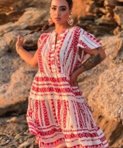 Φόρεμα Boho Midi Diason Κόκκινο Εκρού