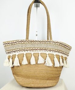 Ψάθινη Τσάντα Ώμου με Κρόσσια